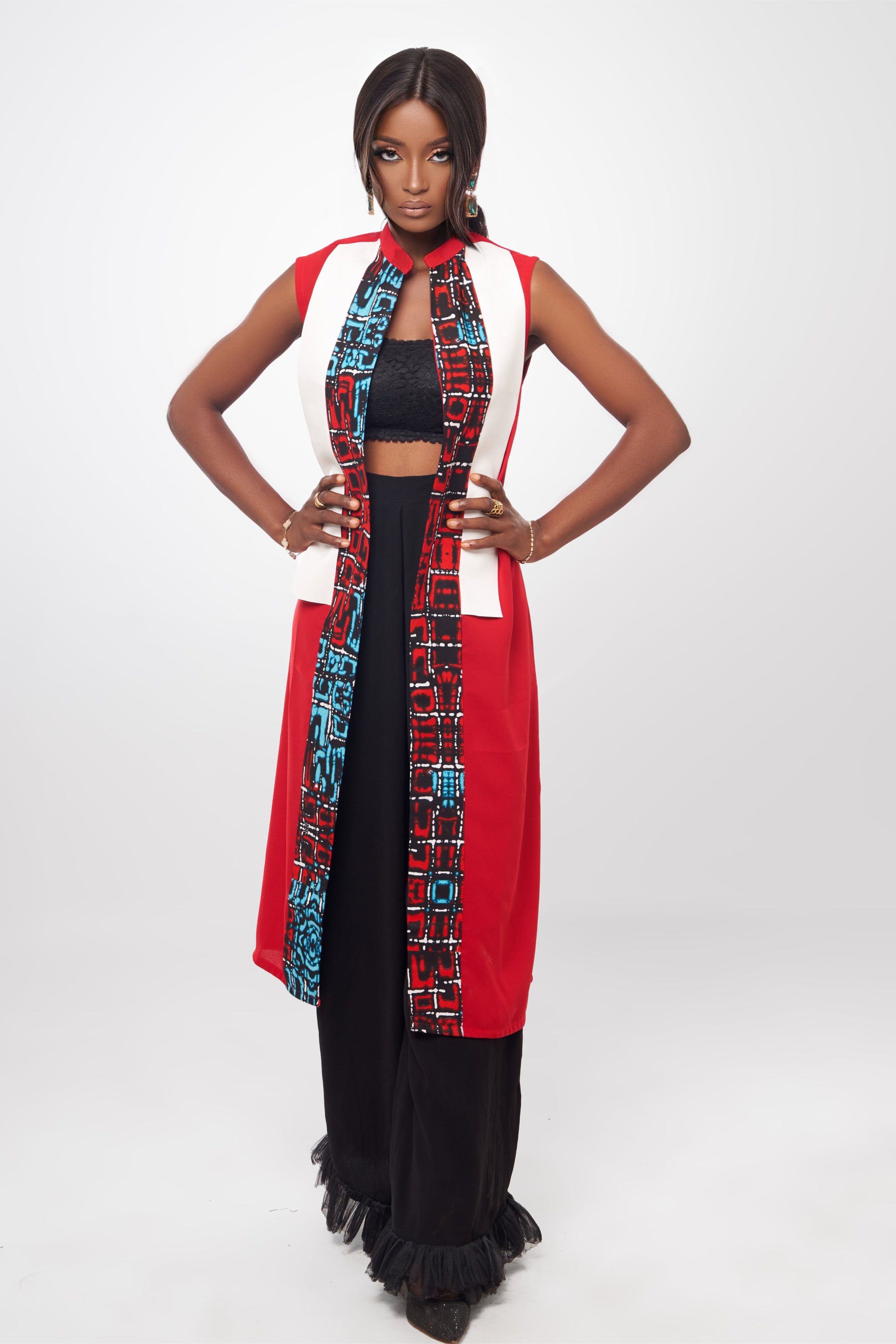 Red tunic with black leather and print panel