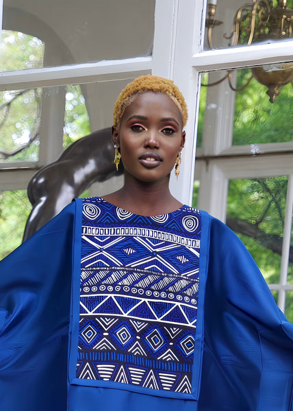 Blue Satin and African Print Dress Boubou Eloli Blue Satin and African Print Dress Boubou Eloli