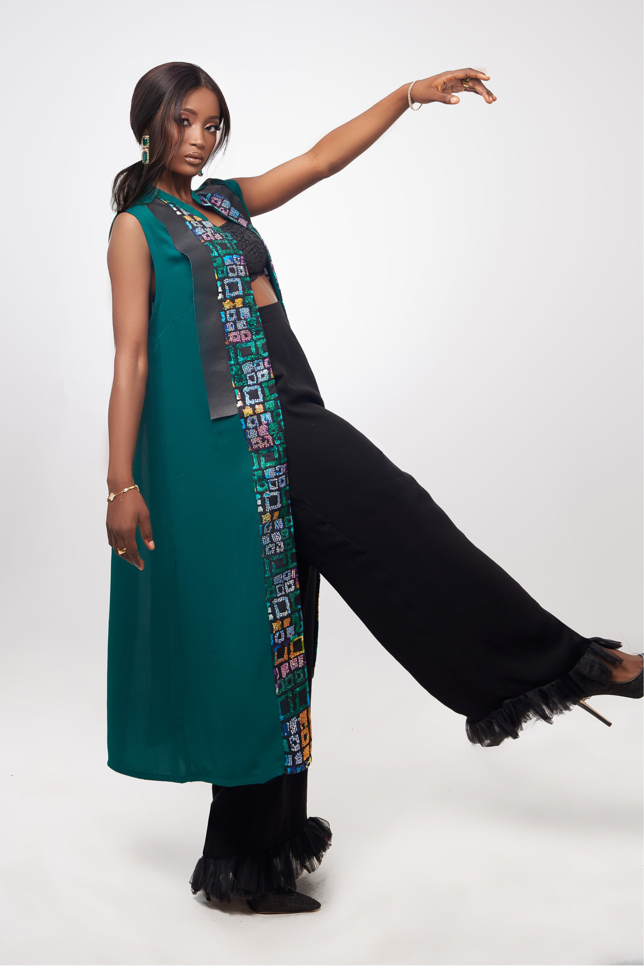 Green bedazzled tunic - leather and print panel