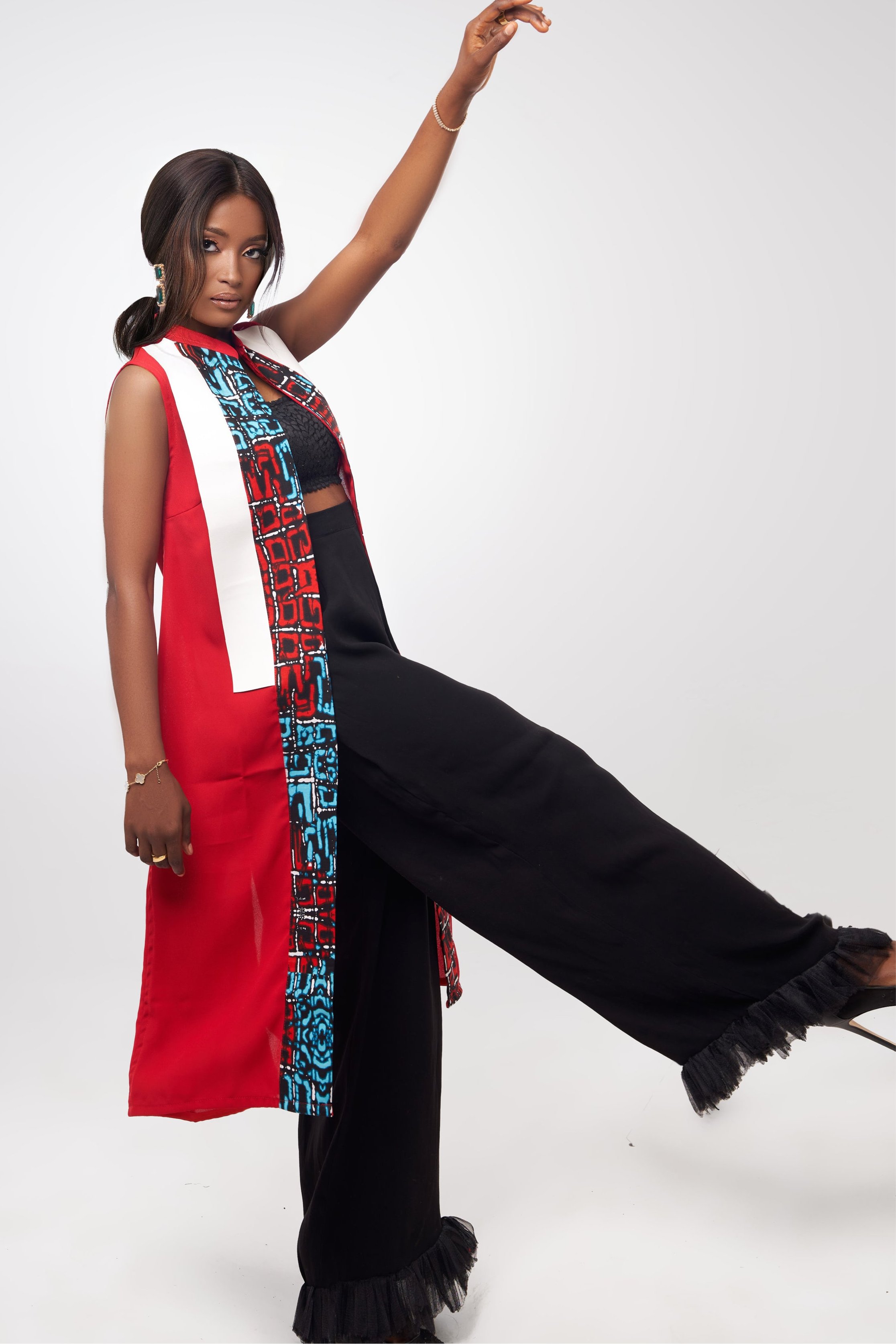 Red tunic with black leather and print panel