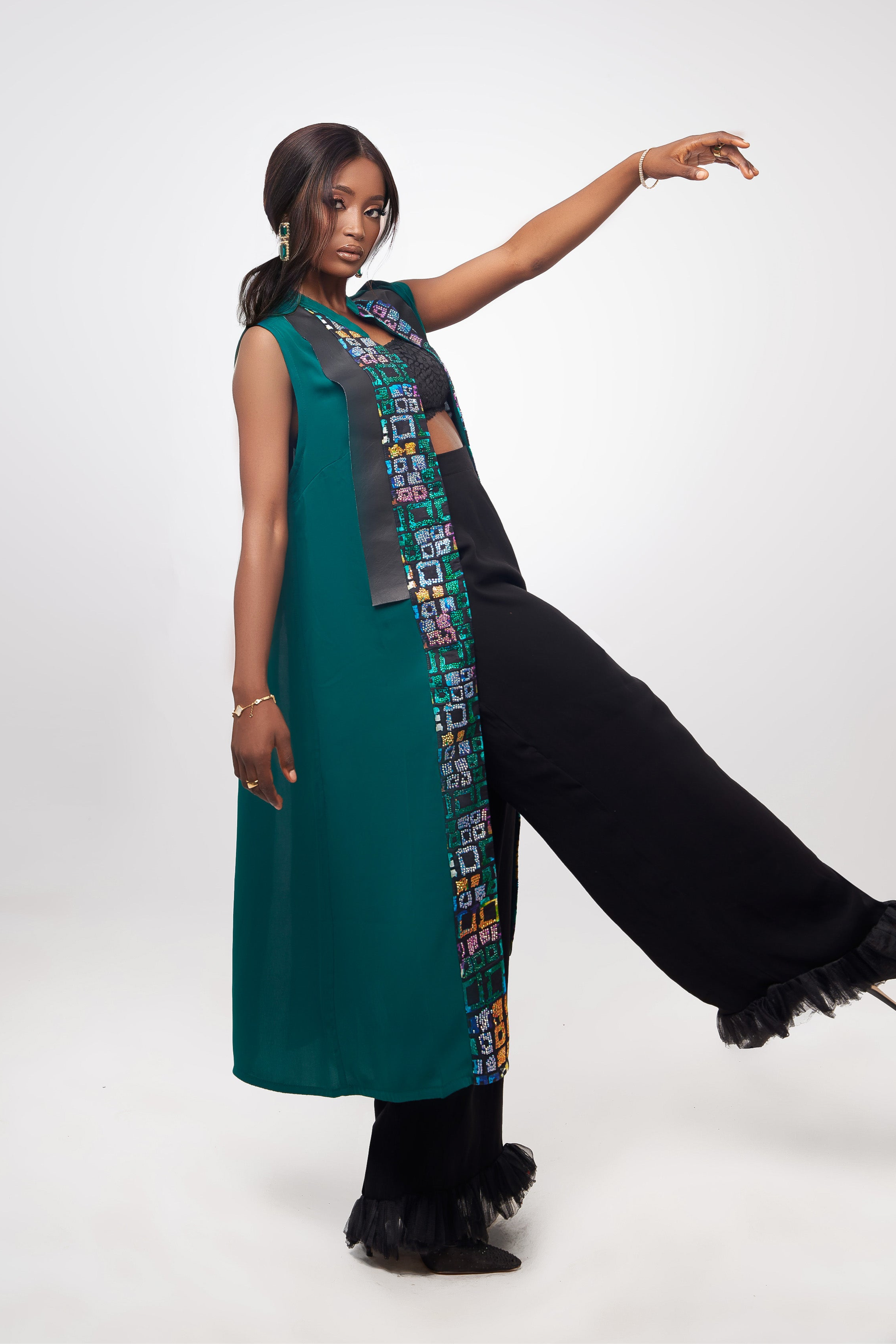 Green bedazzled tunic - leather and print panel