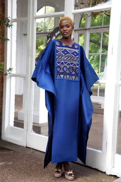 Blue Satin and African Print Dress Boubou – Eloli