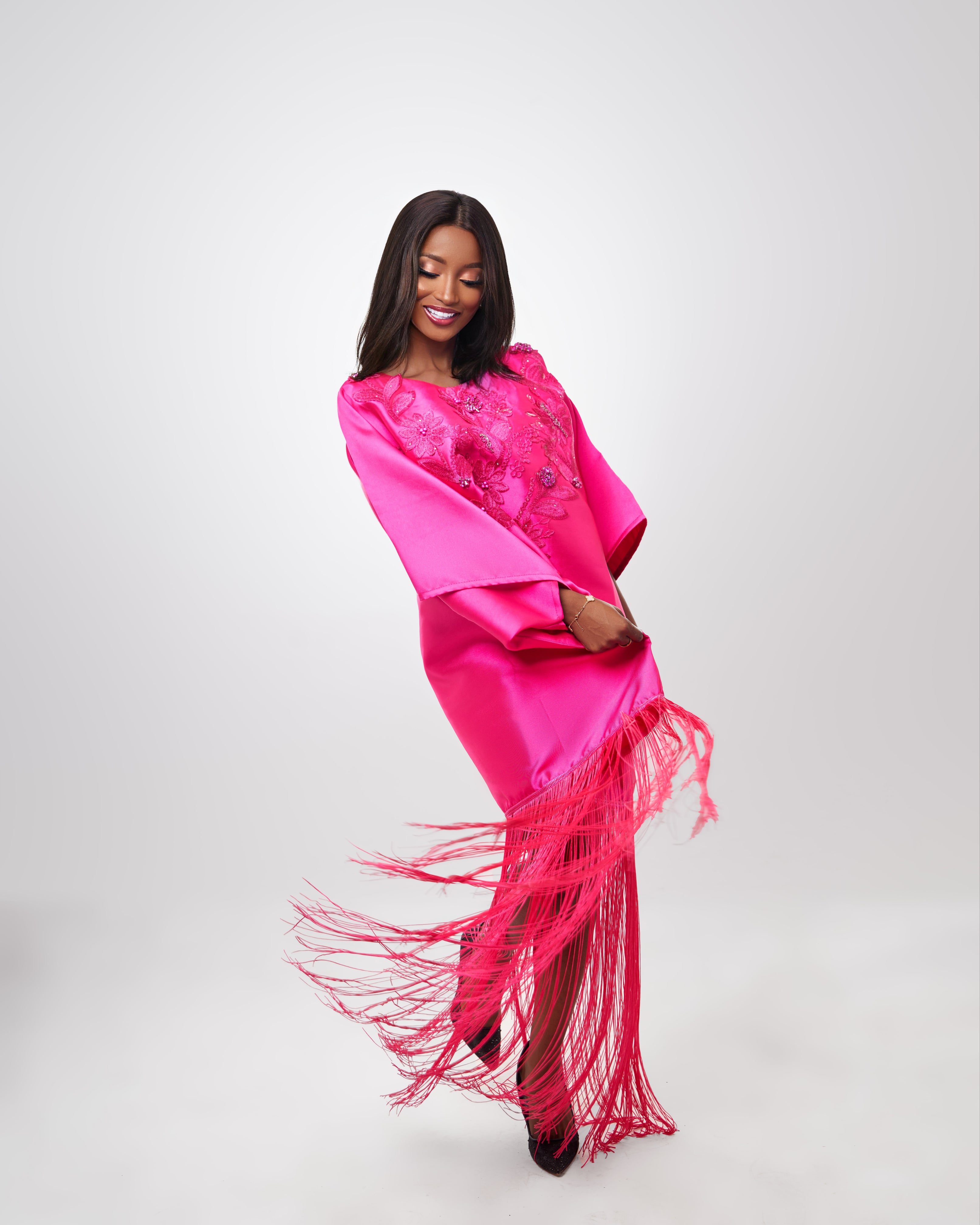 Ms Sparkle Fringe Satin Twill Boubou, pink