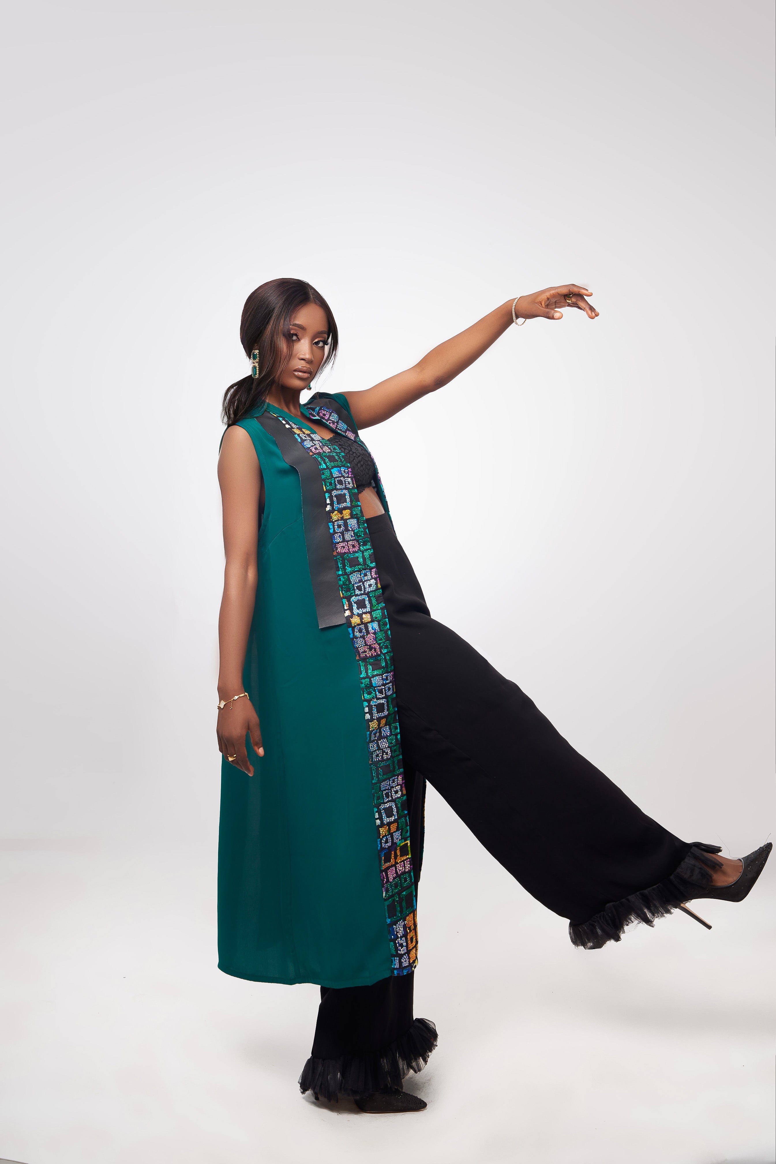 Green bedazzled tunic with black leather and print panel