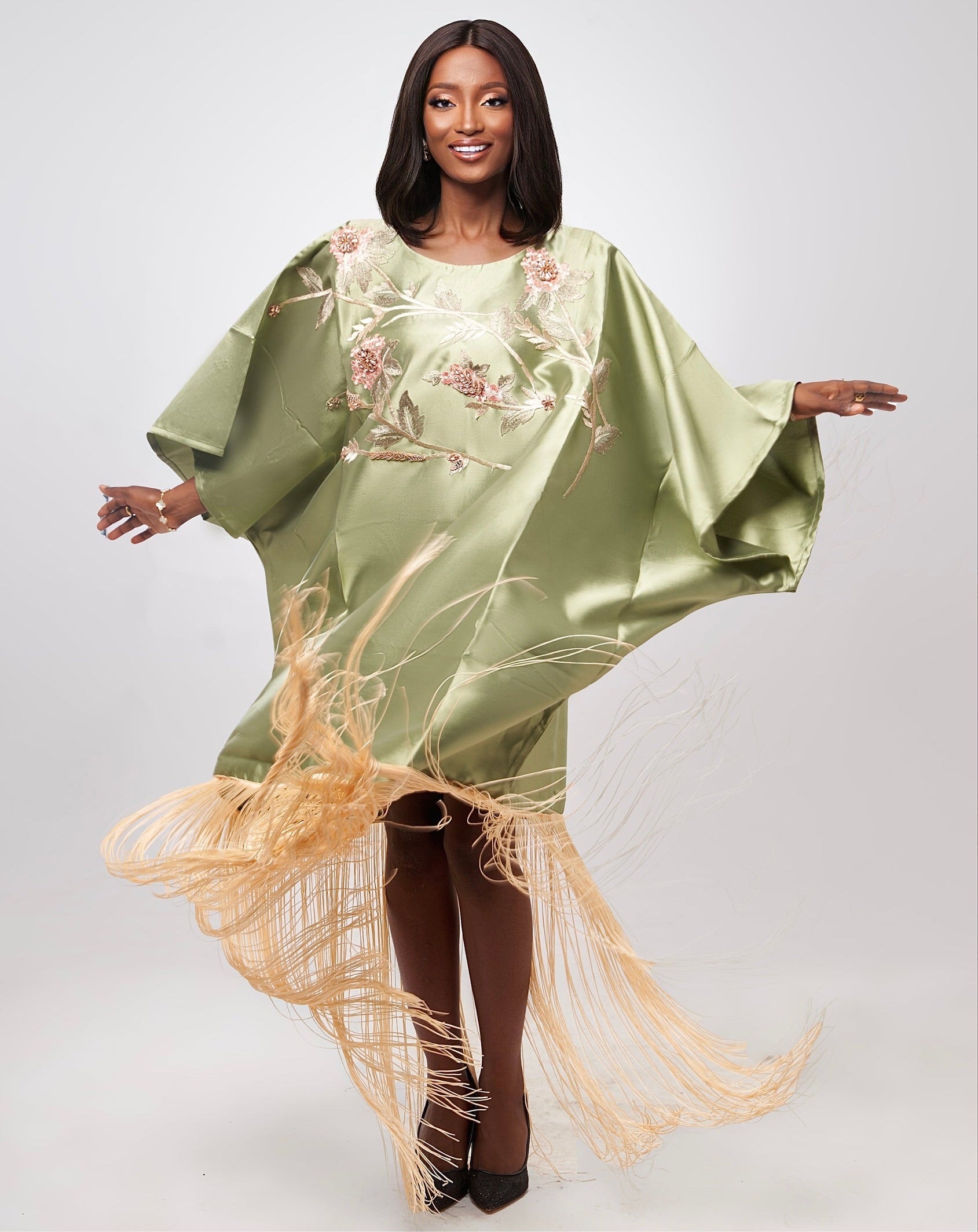 Ms Sparkle Fringe Satin Twill Boubou, green