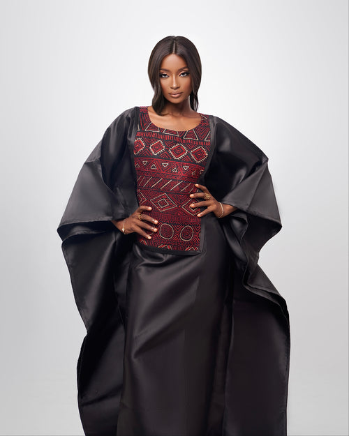 Black Satin and African Print Jewelled Dress Boubou