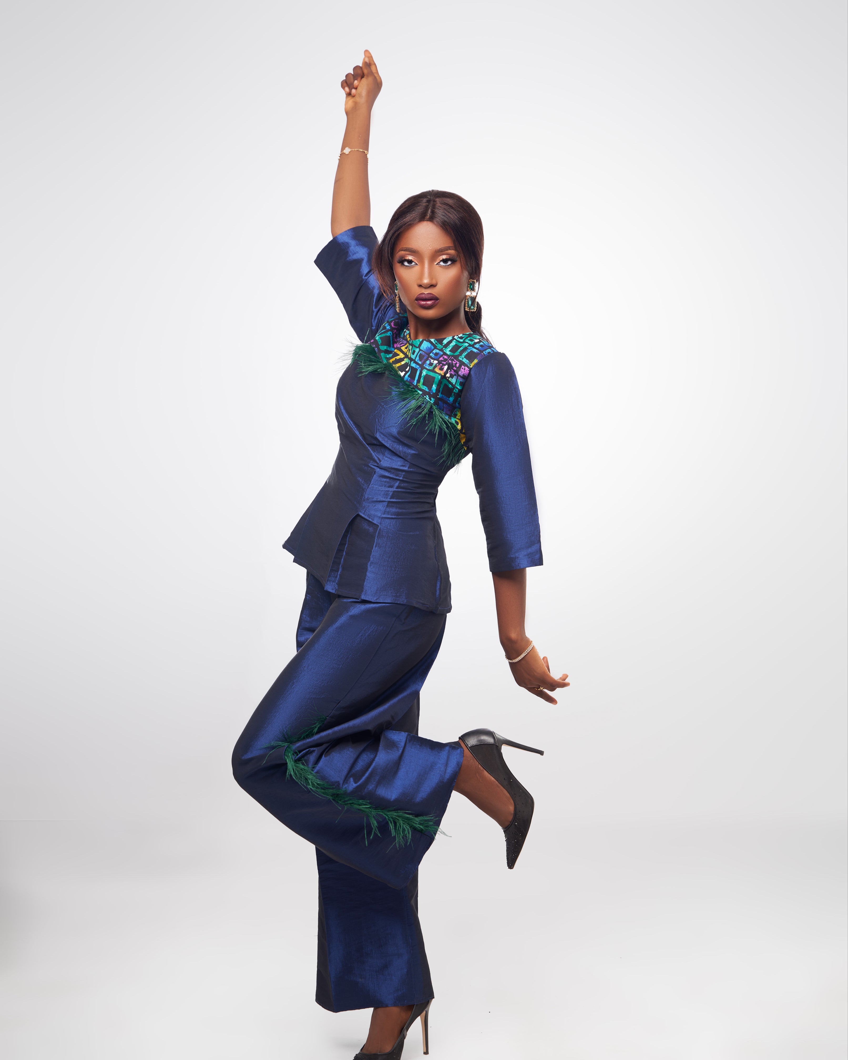Feminine power blue pant suit