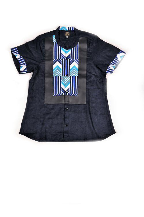 Black Short Sleeve Shirt Black Leather and Blue Arrow Print trim