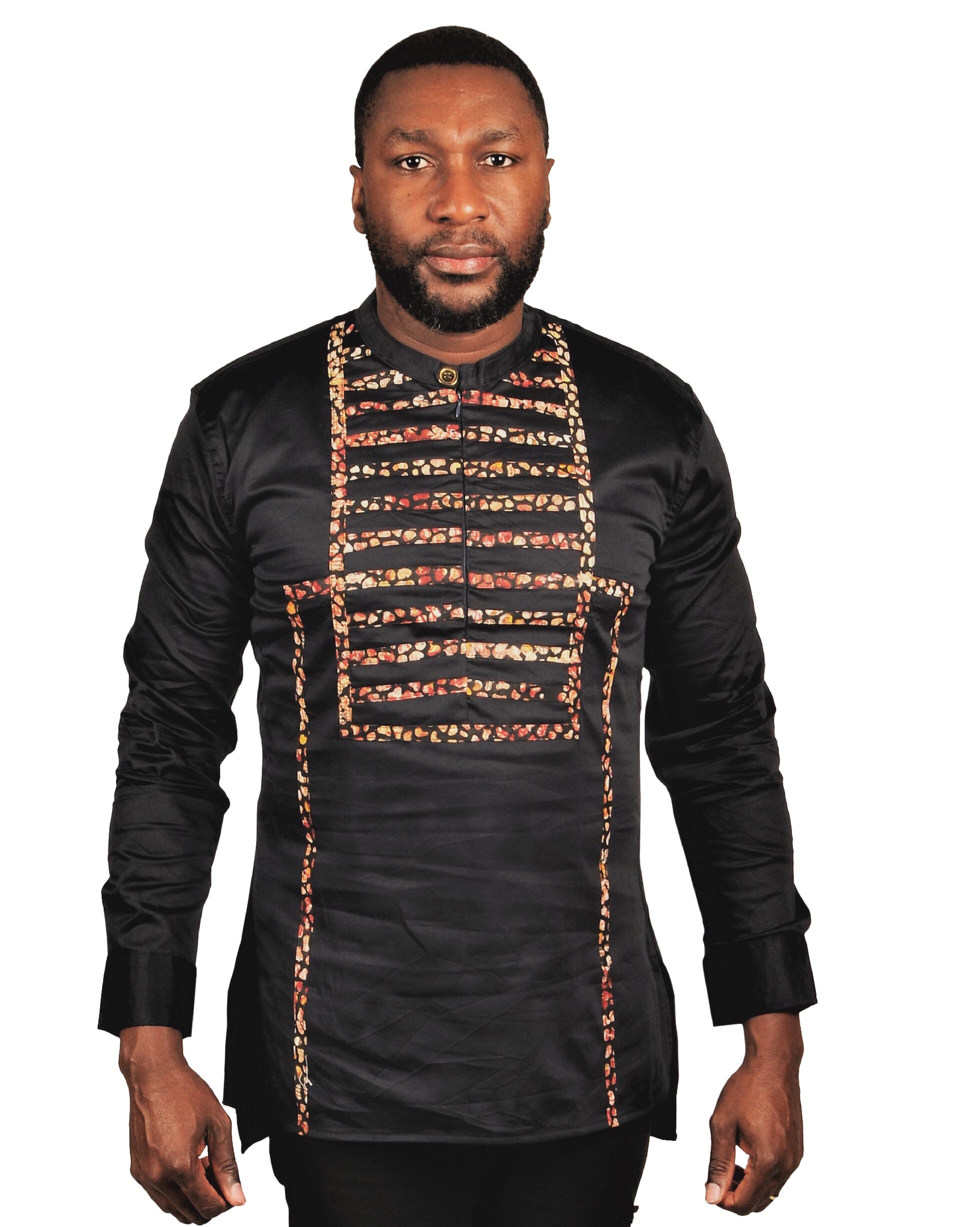 Black Long Sleeve Tunic Shirt with Batik stripes