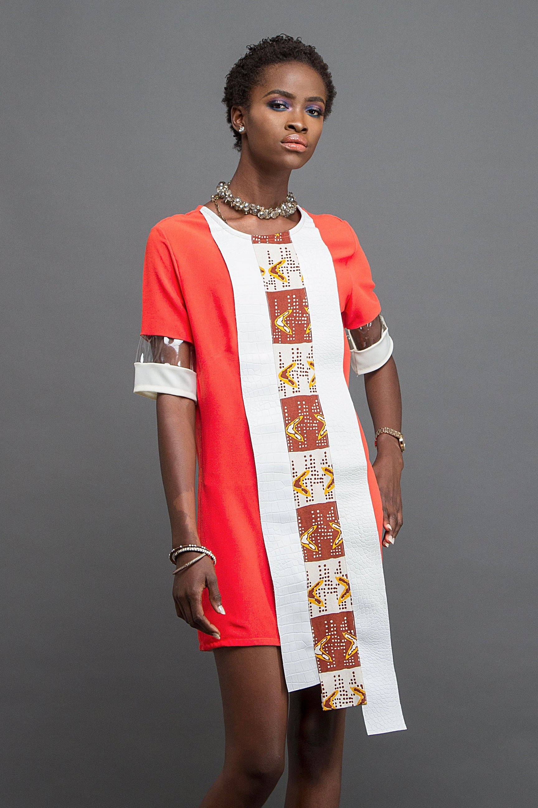 Asymmetric shift dress with leather panel