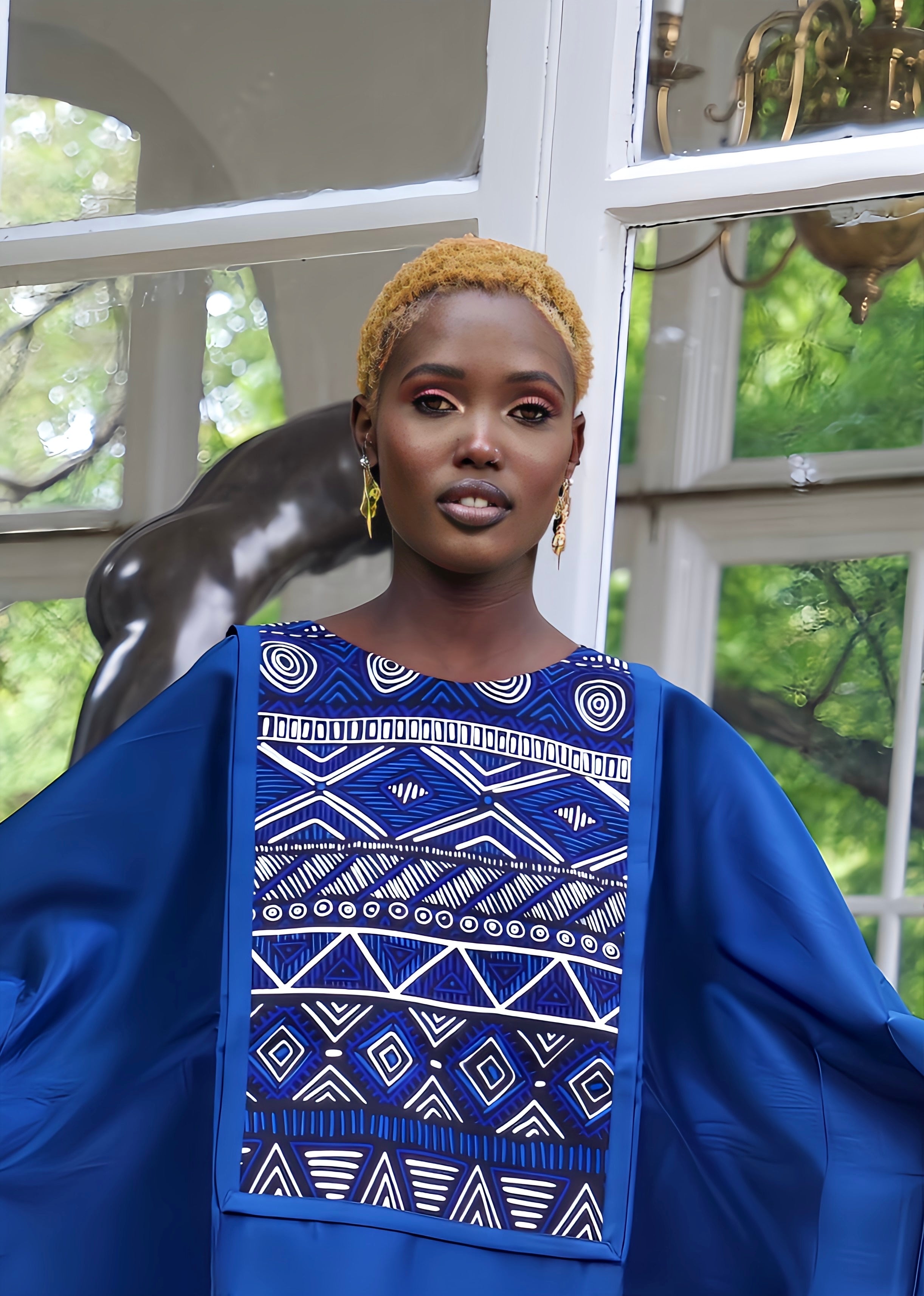 Blue Satin and African Print Dress Boubou Eloli Blue Satin and African Print Dress Boubou Eloli