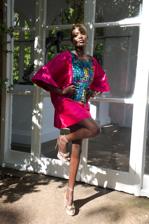 ELOLI Fuschia Satin Mini Boubou with African print detail