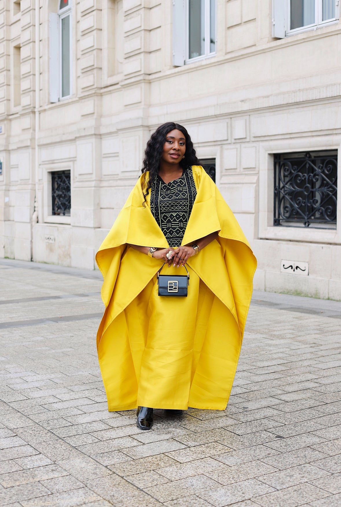 Yellow Satin and African Print Dress Boubou