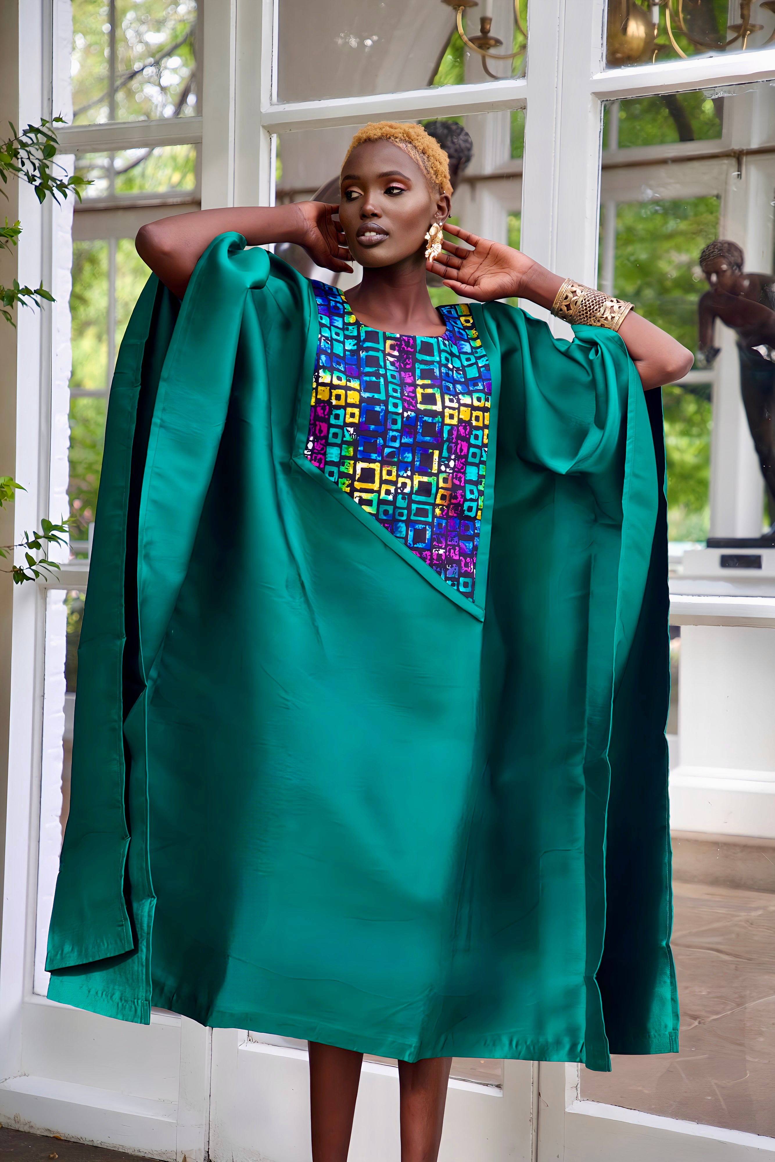 Green Satin and African Print Dress Boubou Eloli Green Satin and African Print Dress Boubou Eloli