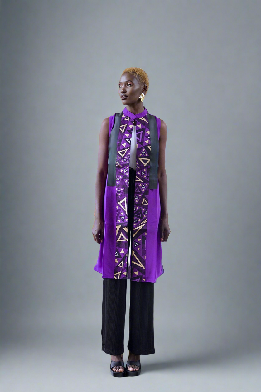 Purple tunic with print and pleather panel – Eloli Purple tunic with print and pleather panel – Eloli