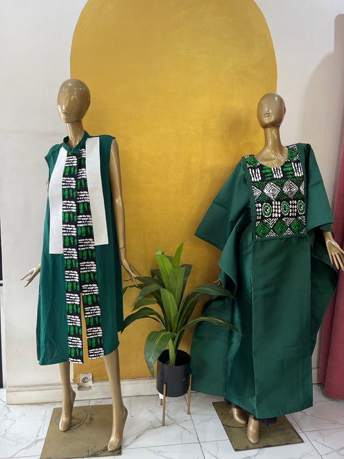 Green Satin and African Print Dress Boubou