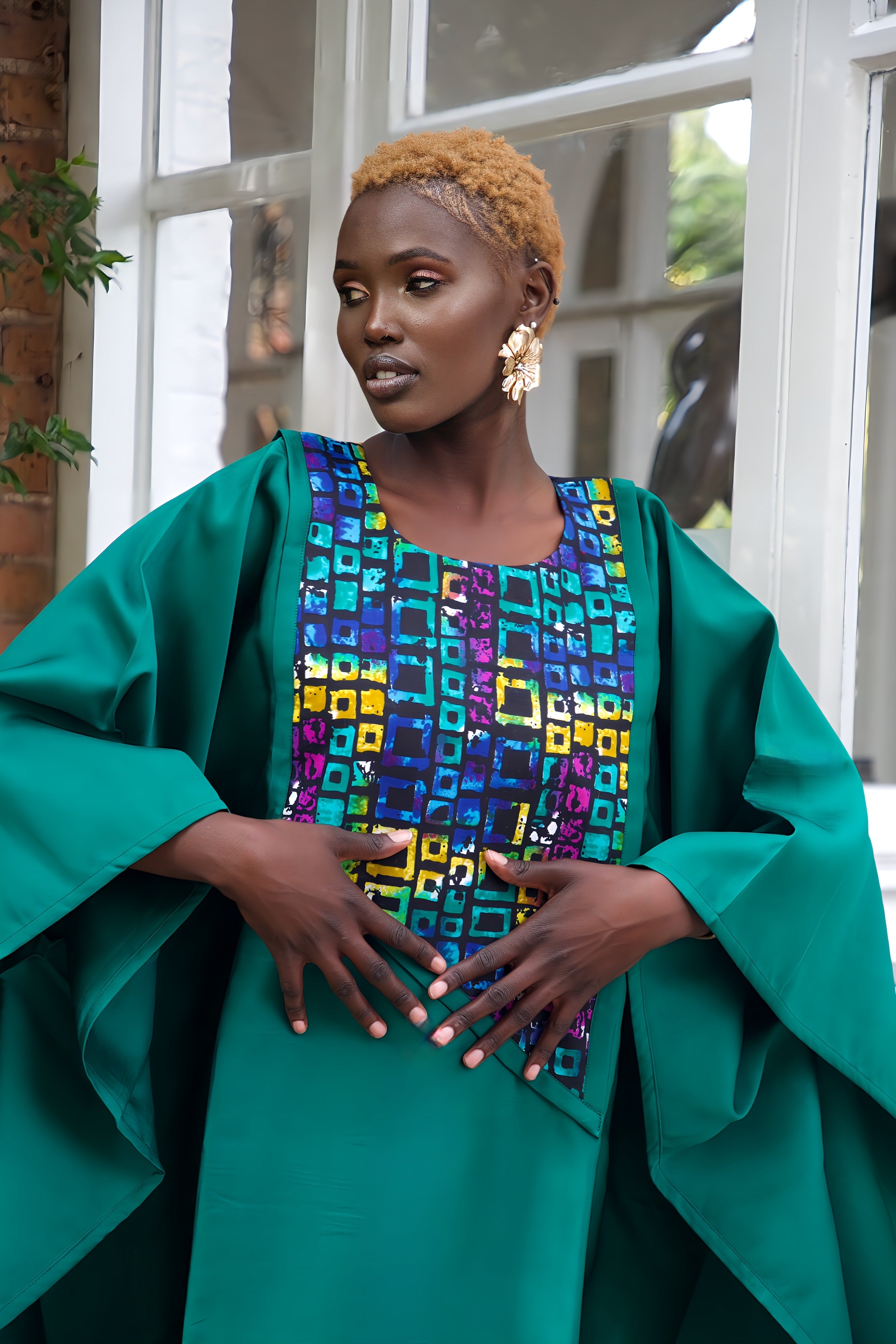Green Satin and African Print Dress Boubou Eloli Green Satin and African Print Dress Boubou Eloli