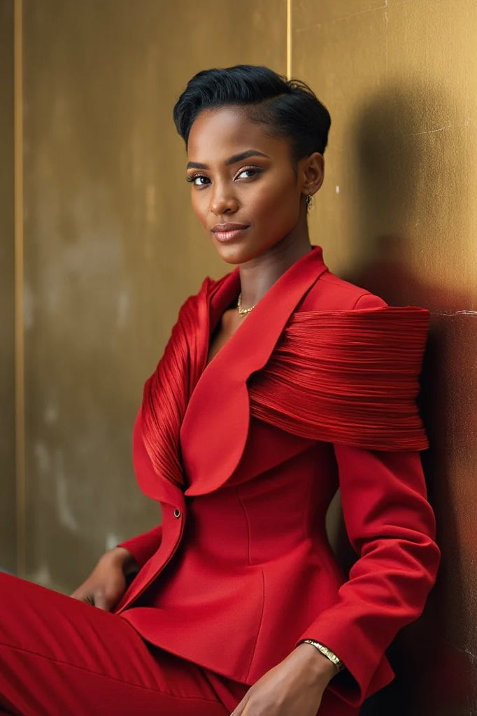 Close-up view of the ELOLI Mbene Suit’s sculptural lapel and shoulder detail