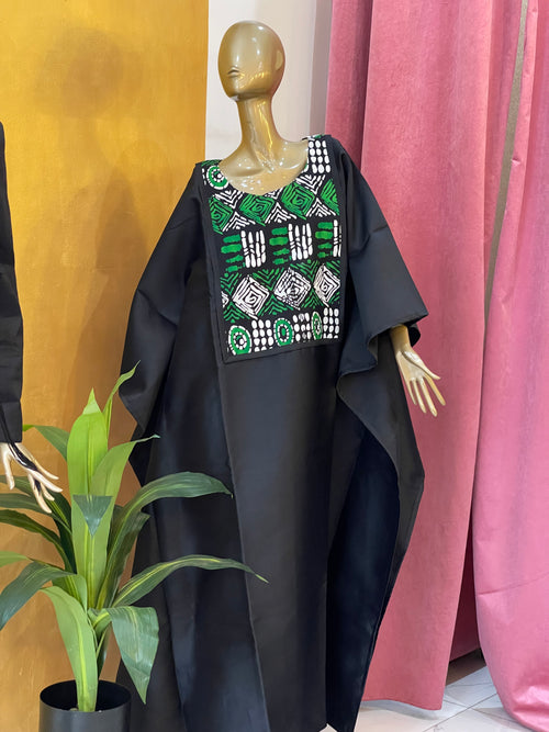 Black Satin and African Print Dress Boubou