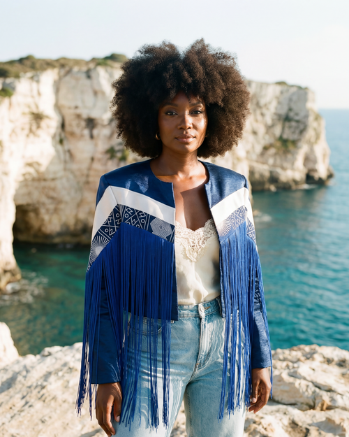 Woman standing on a rocky cliff overlooking the ocean with a blue fringe jacket with African print.