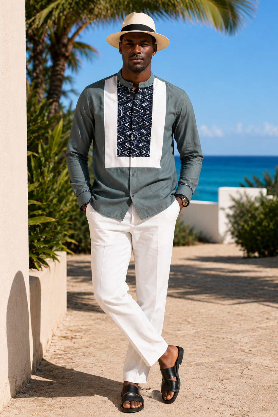 ELOLI The Classic Shirt in grey cotton with ivory bib and navy geometric print