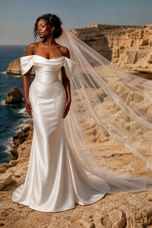 A woman wearing an off-the-shoulder white satin wedding gown with a long sheer veil stands on a rocky coastal cliffside with the sea and tan cliffs in the background.