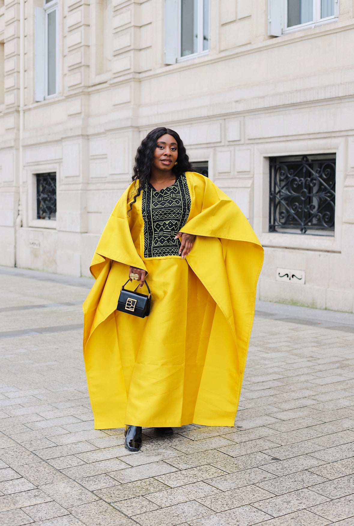 Yellow Satin and African Print Dress Boubou