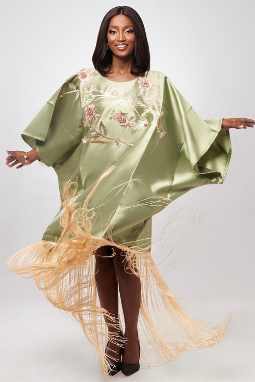 Ms Sparkle Fringe Satin Twill Boubou, green