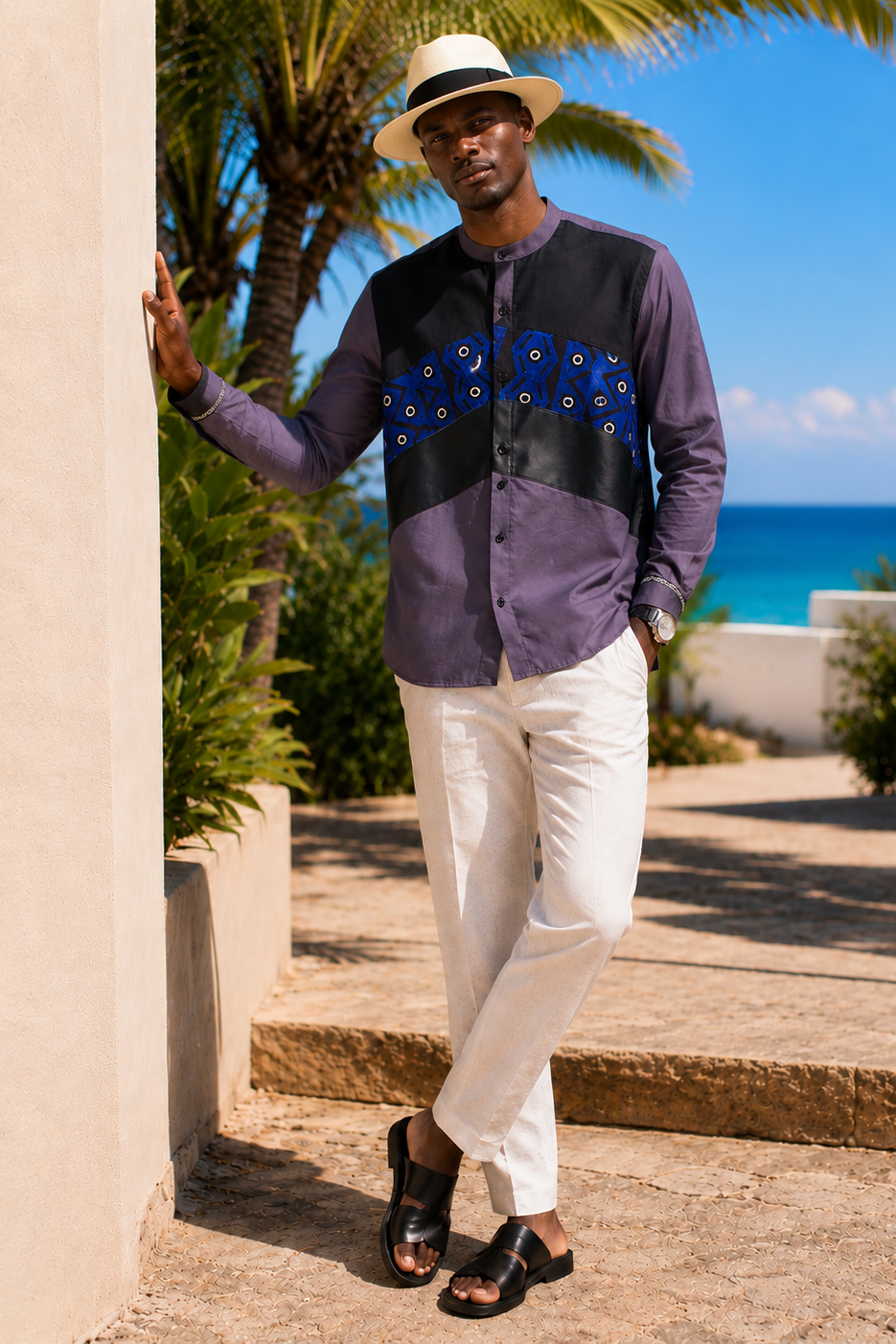 ELOLI Dusk Shirt in mauve, black, and cobalt-blue African print