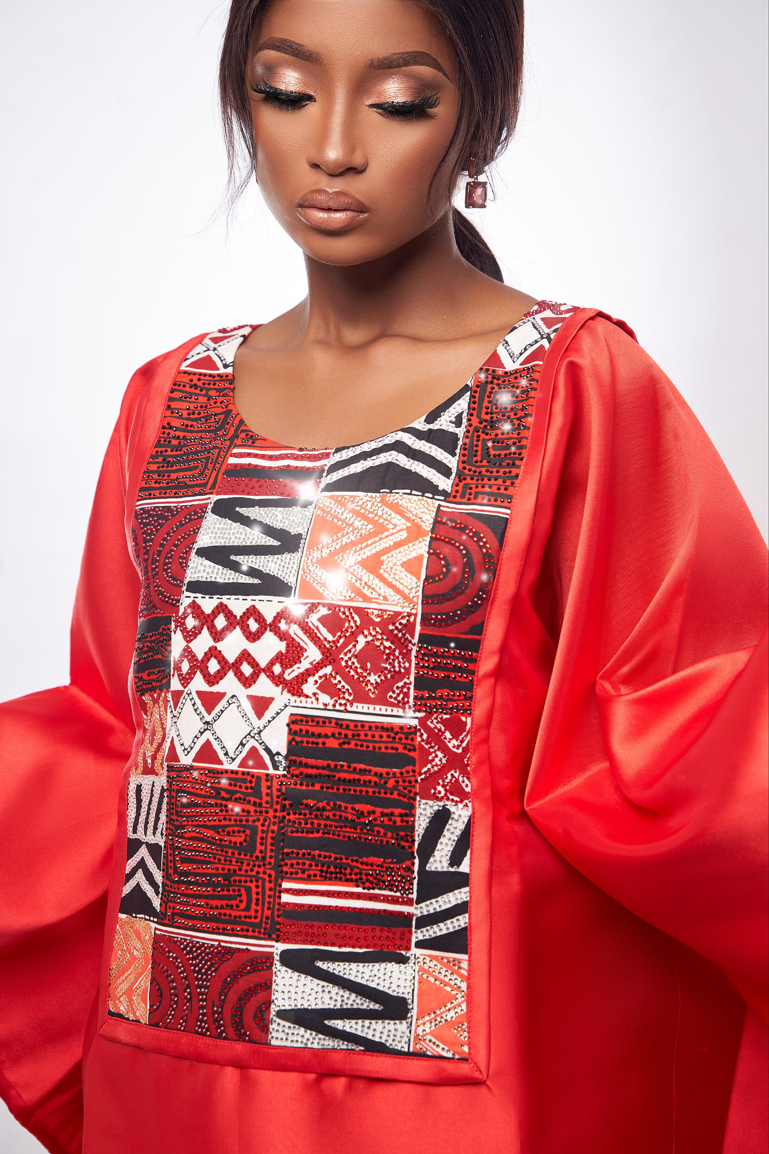 Red Satin and African Print Dress Boubou