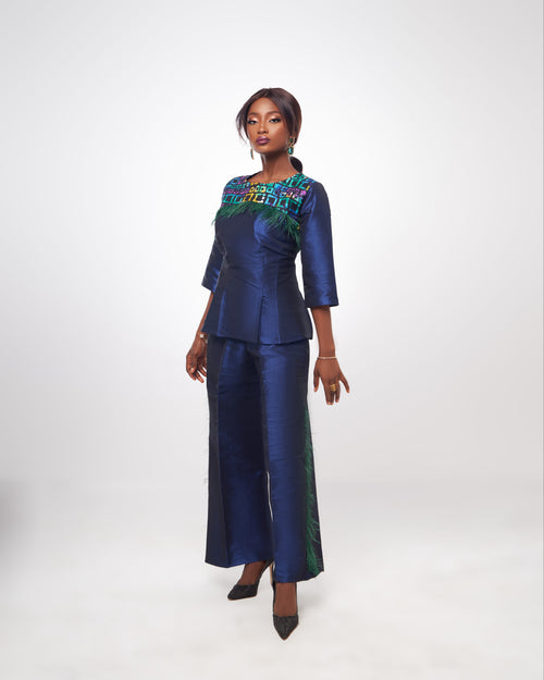 Feminine power blue pant suit