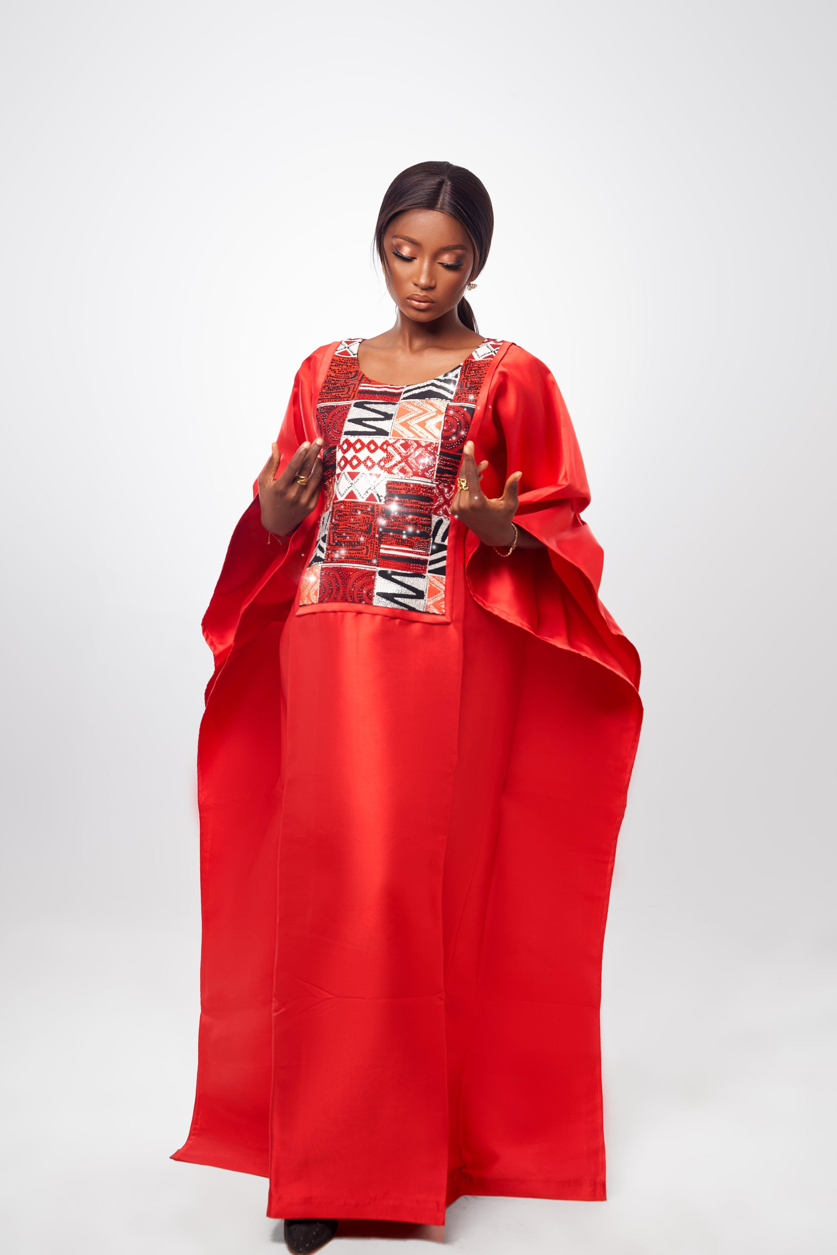 Red Satin and Print Jewelled Boubou Eloli Red Satin and Print Jewelled Boubou Eloli
