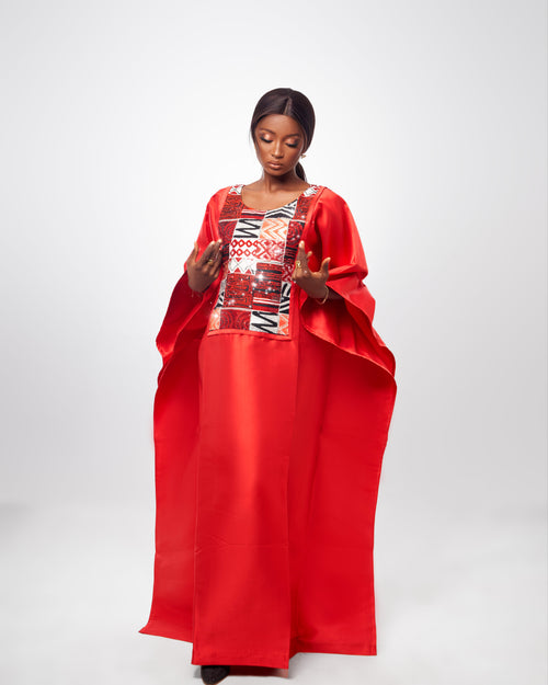 Red Satin and African Print Jewelled Dress Boubou