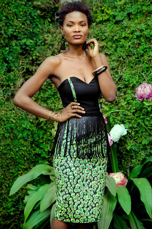 Green and black strapless bustier dress