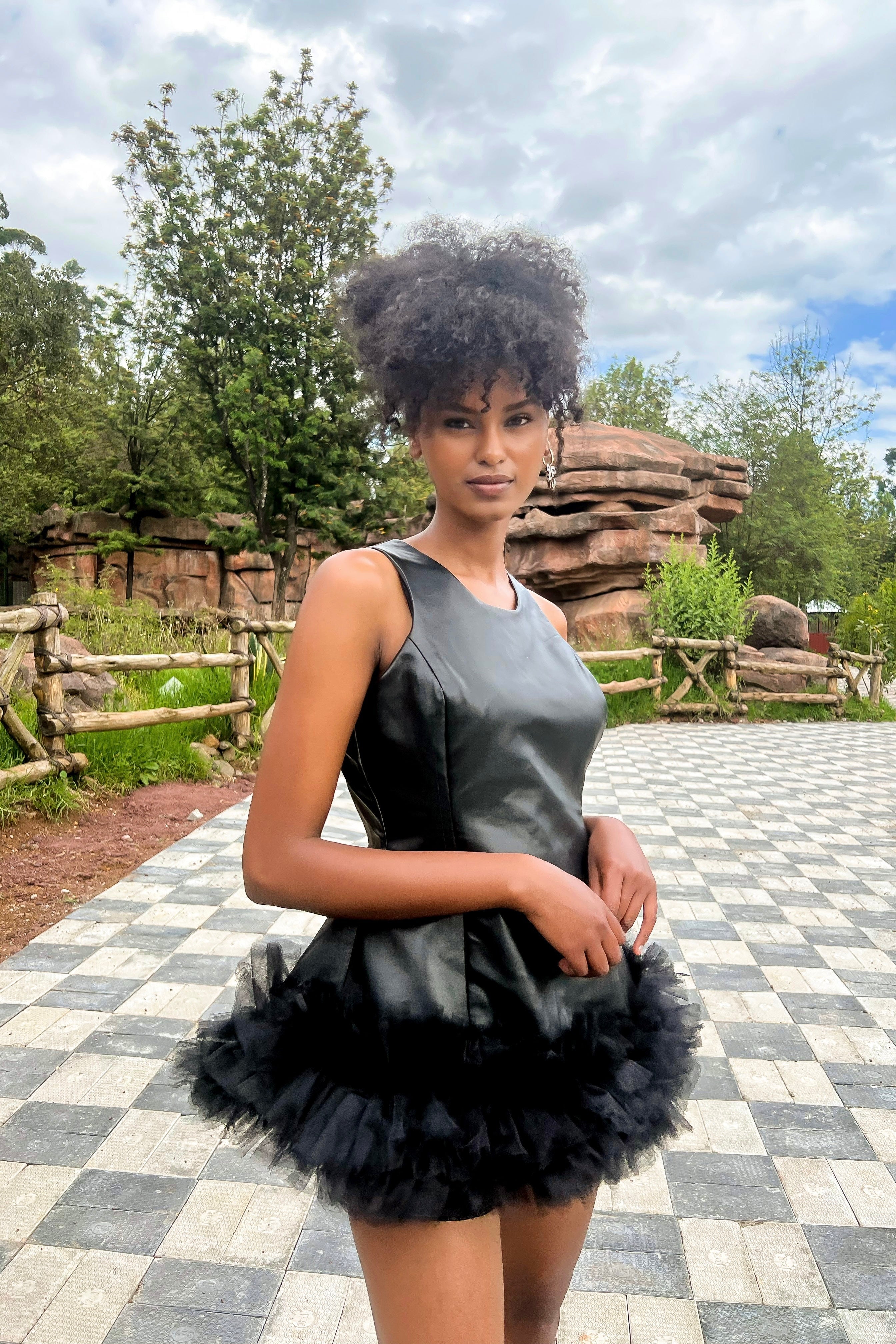 Ms mini leather and tulle ruffle dress – Eloli