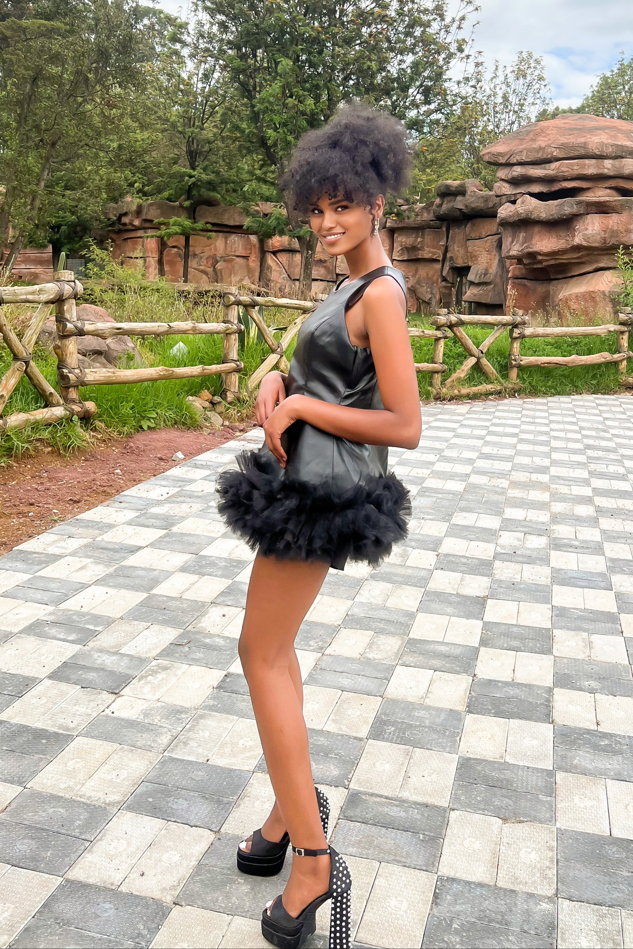 Ms mini leather and tulle ruffle dress Eloli Ms mini leather and tulle ruffle dress Eloli
