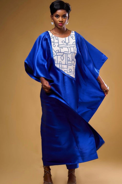 Blue Satin and African Print Dress Boubou