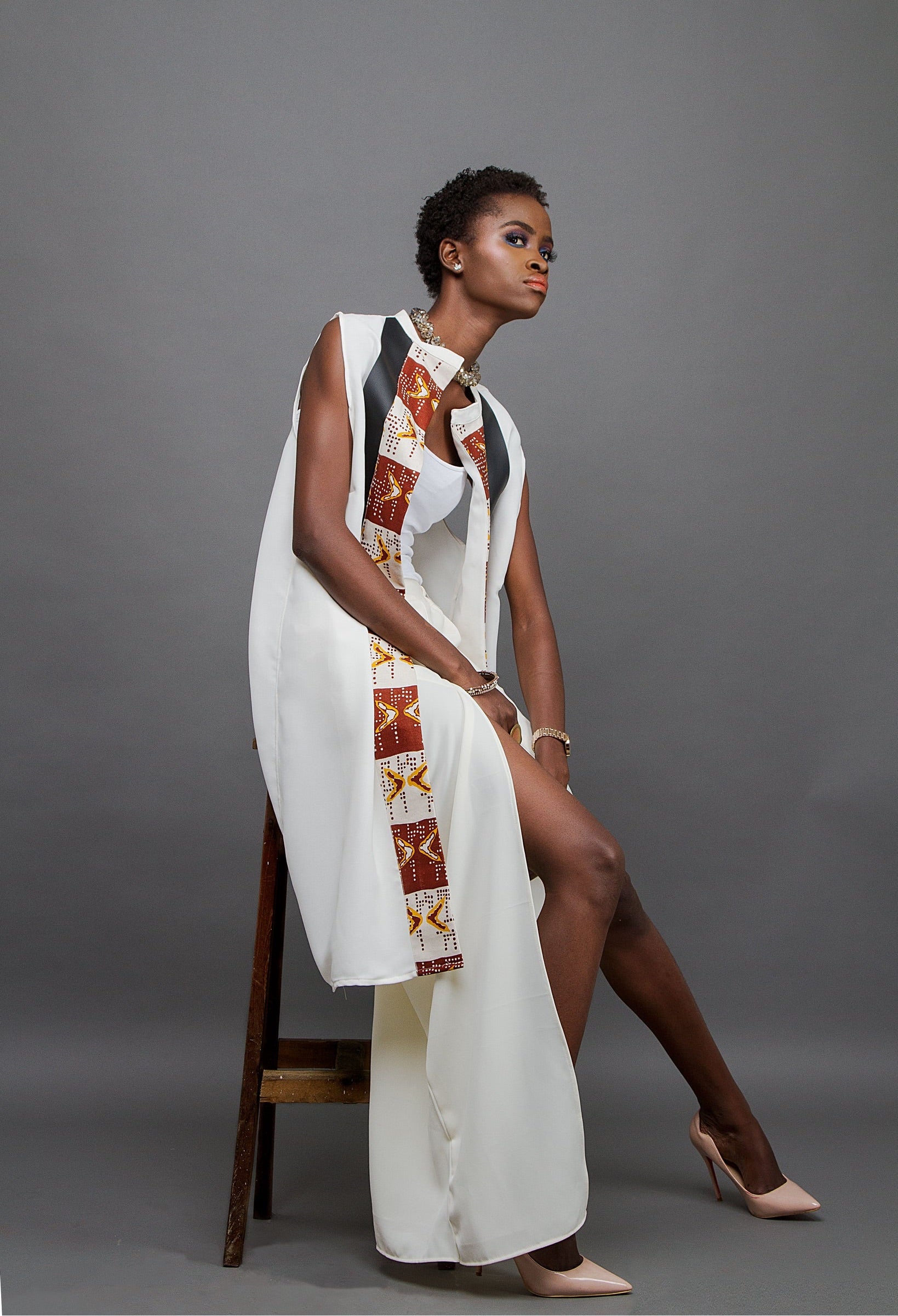White tunic with black leather and Bogolan print panel
