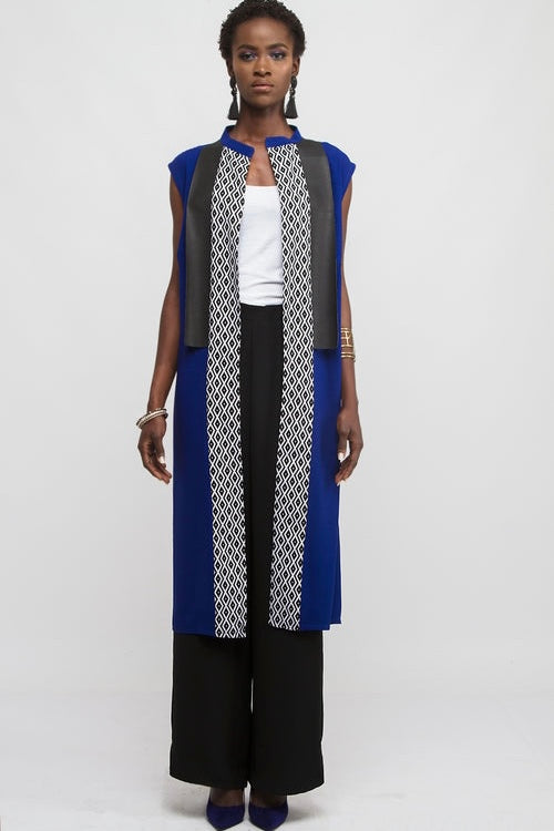Blue tunic with leather and print panel detail