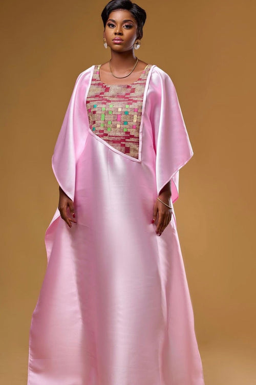 Pink satin and African print dress boubou