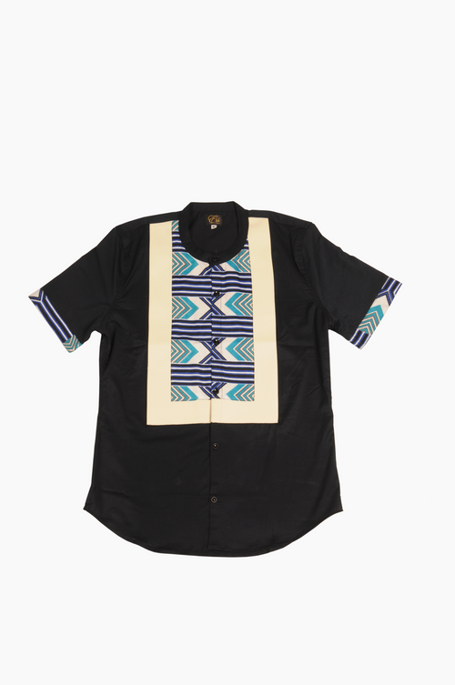 Black Short Sleeve Shirt White Leather and Blue Arrow Print trim